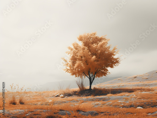 A solitary tree stands tall amidst the rolling fog, its vibrant leaves mirroring the fiery hues of autumn as it overlooks the majestic mountains in the distance photo