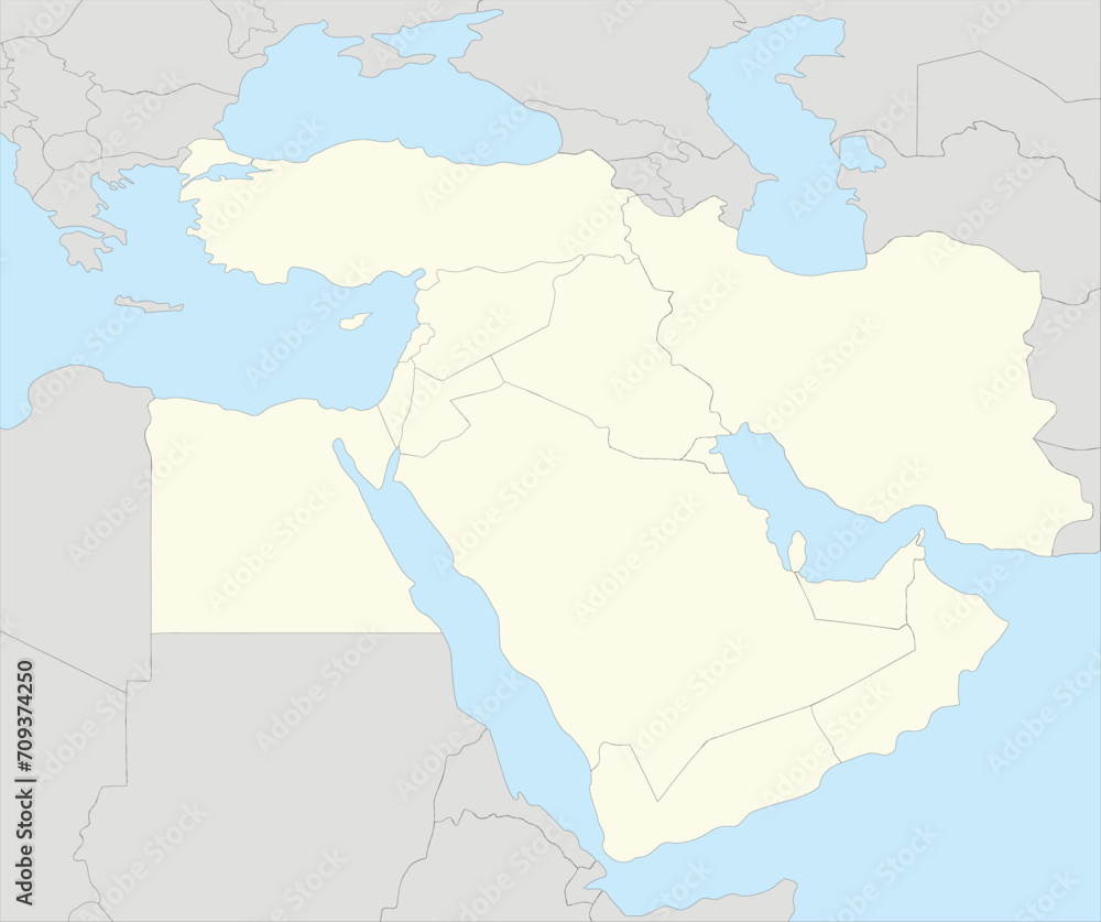 Beige detailed CMYK blank political map of the MIDDLE EAST with black national country borders on gray continent background and blue sea surfaces using orthographic projection