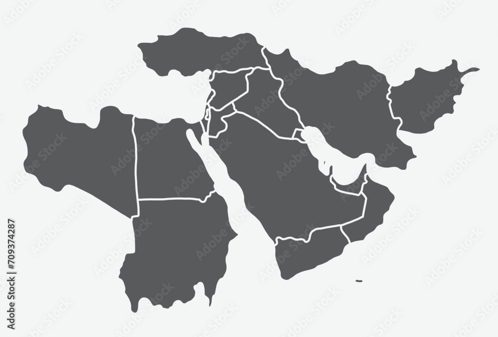 Dark gray simple CMYK blank political map of the MIDDLE EAST with thick white national country borders on light blue background using orthographic projection - obrazy, fototapety, plakaty 