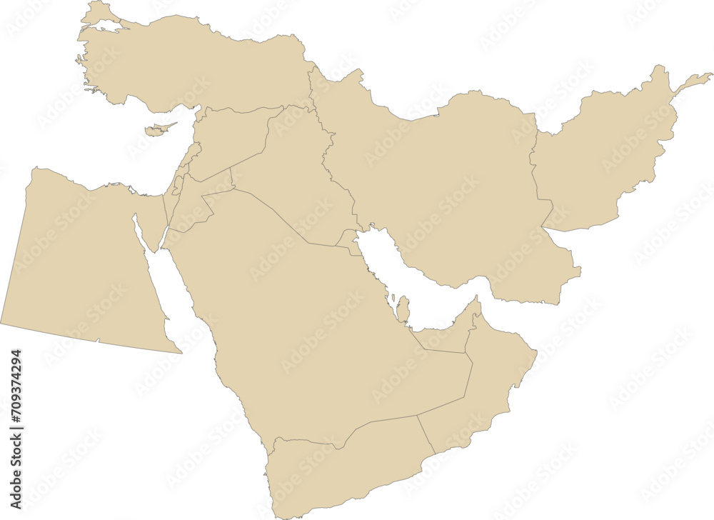 Brown detailed CMYK blank political map of the MIDDLE EAST with black national country borders on transparent background using orthographic projection
