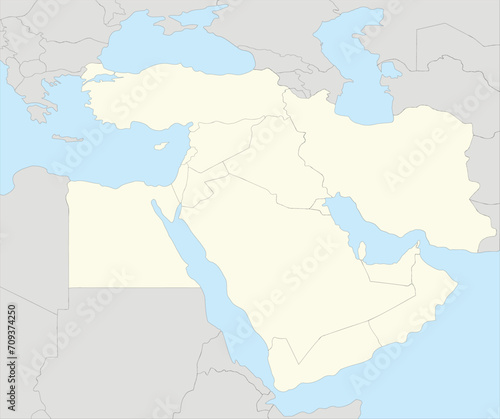 Beige detailed CMYK blank political map of the MIDDLE EAST with black national country borders on gray continent background and blue sea surfaces using orthographic projection