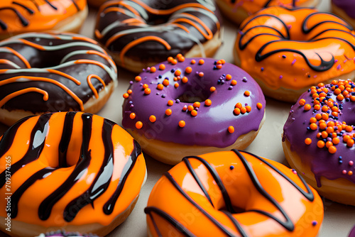 Pattern of delicious Halloween donuts with orange  dark brown  and purple glaze  decorated for the festive occasion.
