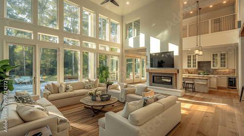 Spacious living room with fireplace interior with white furnishings and large tall windows.