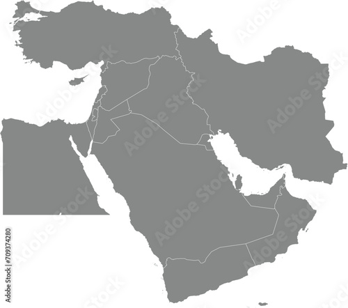 Gray detailed CMYK blank political map of the MIDDLE EAST with white national country borders on transparent background using orthographic projection photo