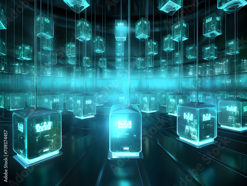 Captured in a screenshot, a mesmerizing display of blue lights emanates from transparent cubes, showcasing the perfect blend of technology and modern design within an indoor setting photo