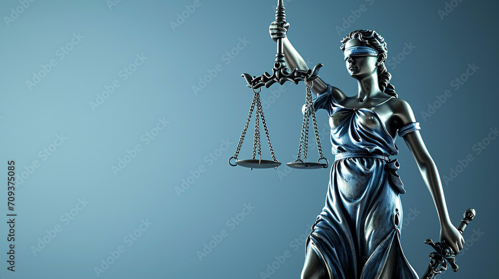 a high-definition, horizontal image that symbolizes legal services. Feature the figure of Lady Justice, blindfolded and holding a sword and the Scales of Justice, positioned in the right corner of the a high-definition, horizontal image that symbolizes legal services. Feature the figure of Lady Justice, blindfolded and holding a sword and the Scales of Justice, positioned in the right corner of the