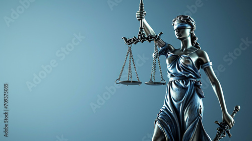 a high-definition, horizontal image that symbolizes legal services. Feature the figure of Lady Justice, blindfolded and holding a sword and the Scales of Justice, positioned in the right corner of the