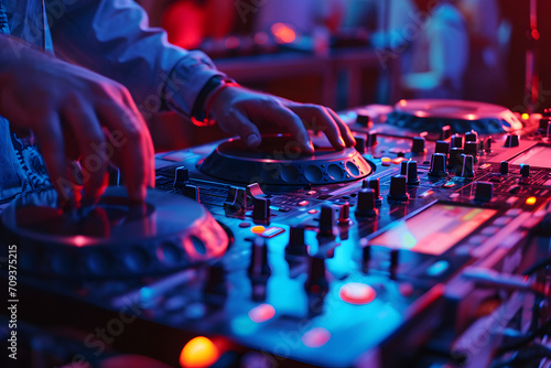 Elektronische Vibes: Ein DJ am Mixer sorgt für pulsierende Beats und eine mitreißende Atmosphäre in der Clubszene, ein Bild der lebendigen Musikunterhaltung photo