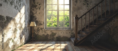 Room with window, lamp, and stairs. photo