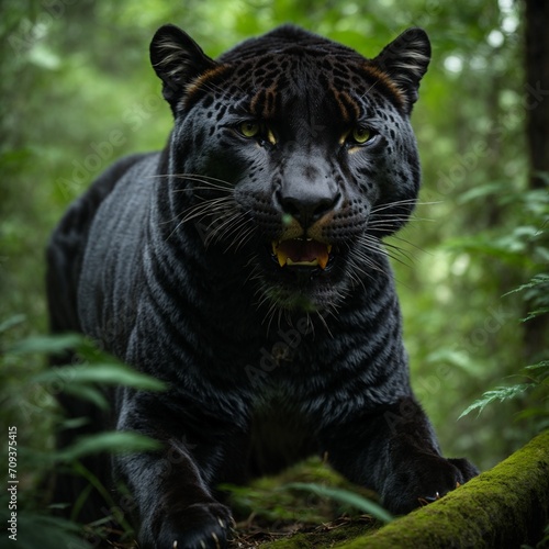 a beautiful black jaguar  in a wild forest  she has green eyes  sharp teeth  she is strong and very beautiful