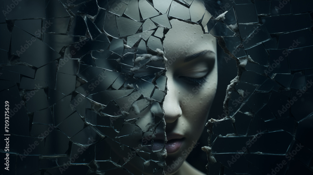 Gesicht einer Frau, die vor einem zerbrochenen Spiegel steht und den Blick senkt. Abstrakte surreale Illustration in kühlen Farben. Unheilvolle Stimmung - obrazy, fototapety, plakaty 
