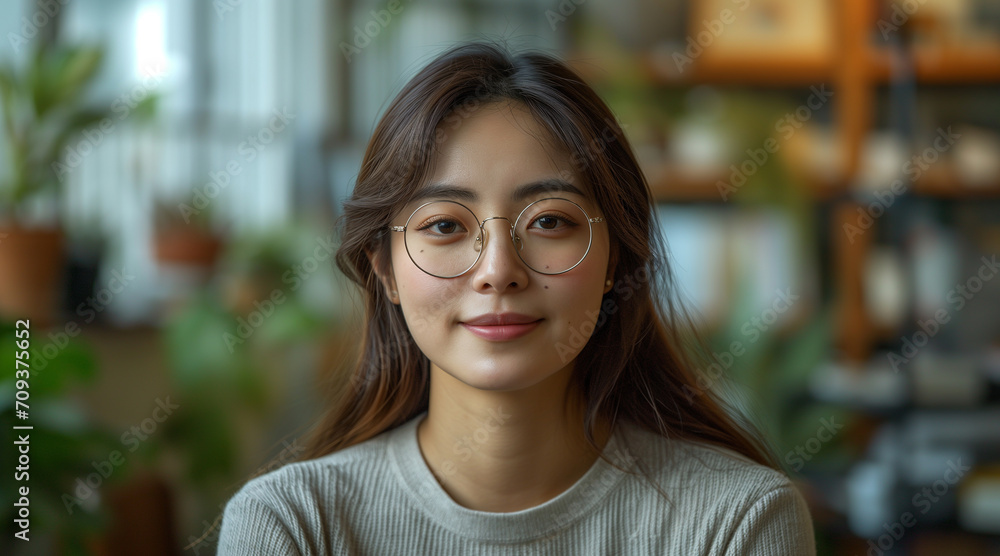 A Korean woman in her 30s, with cool glasses, calm and somewhat reserved, not pretty but clean and tidy, dressed in a thin long-sleeved T-shirt, sitting at her desk. Being filmed for YouTube