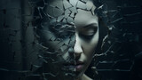 Gesicht einer Frau, die vor einem zerbrochenen Spiegel steht und den Blick senkt. Abstrakte surreale Illustration in kühlen Farben. Unheilvolle Stimmung