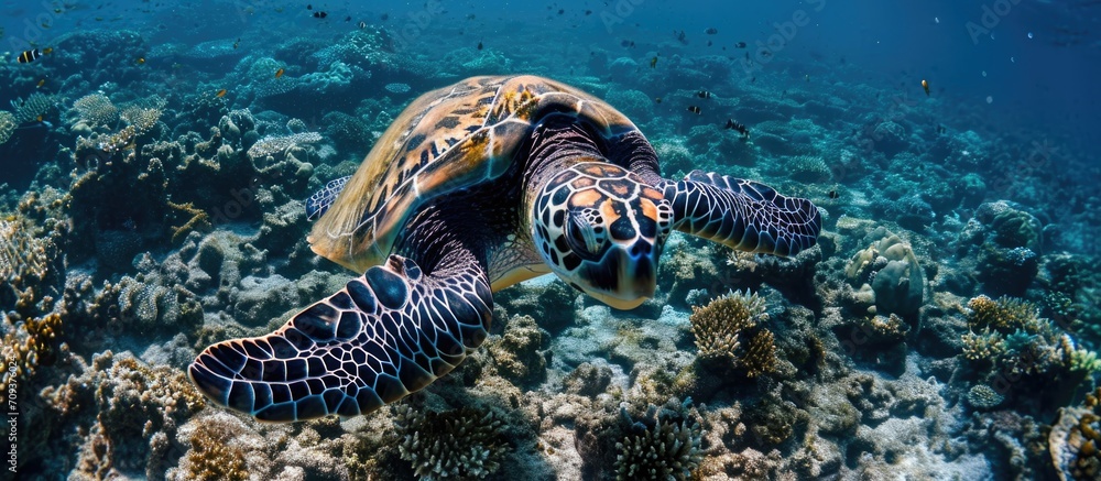 A hawksbill sea turtle seen from above in a shallow coral reef. A hawksbill sea turtle seen from above in a shallow coral reef.