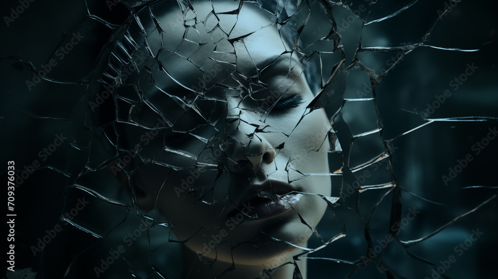 Gesicht einer Frau spiegelt sich in den Scherben eines zerbrochenen Spiegels. Unheilvolle düstere Atmosphäre. Abstrakte surreale Illustration in kühlen gedeckten Farben - obrazy, fototapety, plakaty 