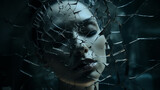 Gesicht einer Frau spiegelt sich in den Scherben eines zerbrochenen Spiegels. Unheilvolle düstere Atmosphäre. Abstrakte surreale Illustration in kühlen gedeckten Farben