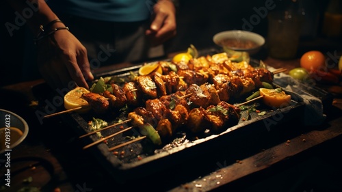Fast Food A dynamic shot of a street vendor expertly assembling and grilling a mouthwatering paneer tikka wrap, showcasing the sizzling skewers and fresh ingredients  -Generative Ai photo