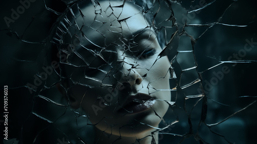 Gesicht einer Frau spiegelt sich in den Scherben eines zerbrochenen Spiegels. Unheilvolle düstere Atmosphäre. Abstrakte surreale Illustration in kühlen gedeckten Farben photo