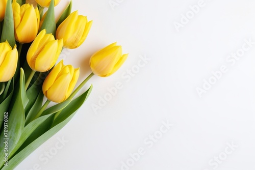 bouquet of beautiful yellow tulips on white background  flat lay and copy space - generative ai