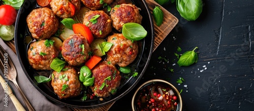Meatballs with veggies and utensils
