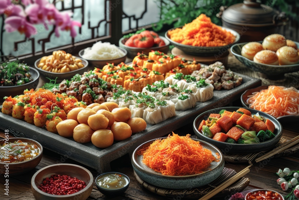 Banquet table filled with traditional Chinese dishes
