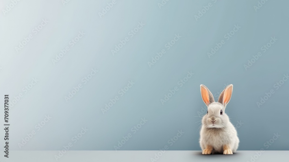 Obraz premium A grey rabbit on a blue background. A banner with a rabbit. Happy Easter. opy space