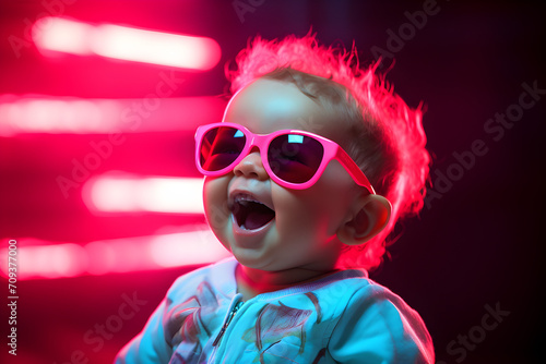funny studio portrait of baby wearing sunglasses with neon lighting
