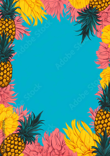 beautiful frame with pineapples on blue surface, fruit border template