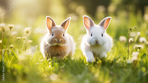 Two cute bunnies are running in a meadow, against the backdrop of a sunny field. Fluffy little rabbits play on the grass in a sunny field. Pet Day. AI 