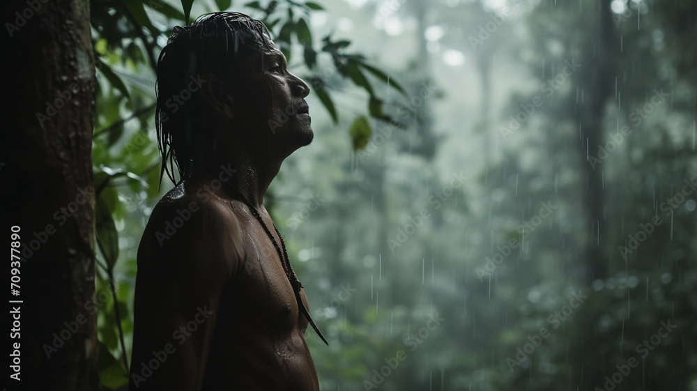 Man from an indigenous Amazon tribe stands in the rainforest while it rains, ai generative 