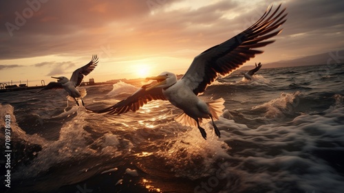 A flock of pelicans soaring above the waves, their wings outstretched against the backdrop of a cloud-studded sky -Generative Ai © Online Jack Oliver