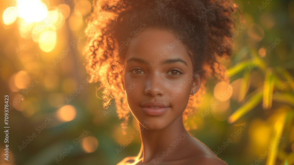Portrait of cute young black college female student with backlit sun outdoors.
