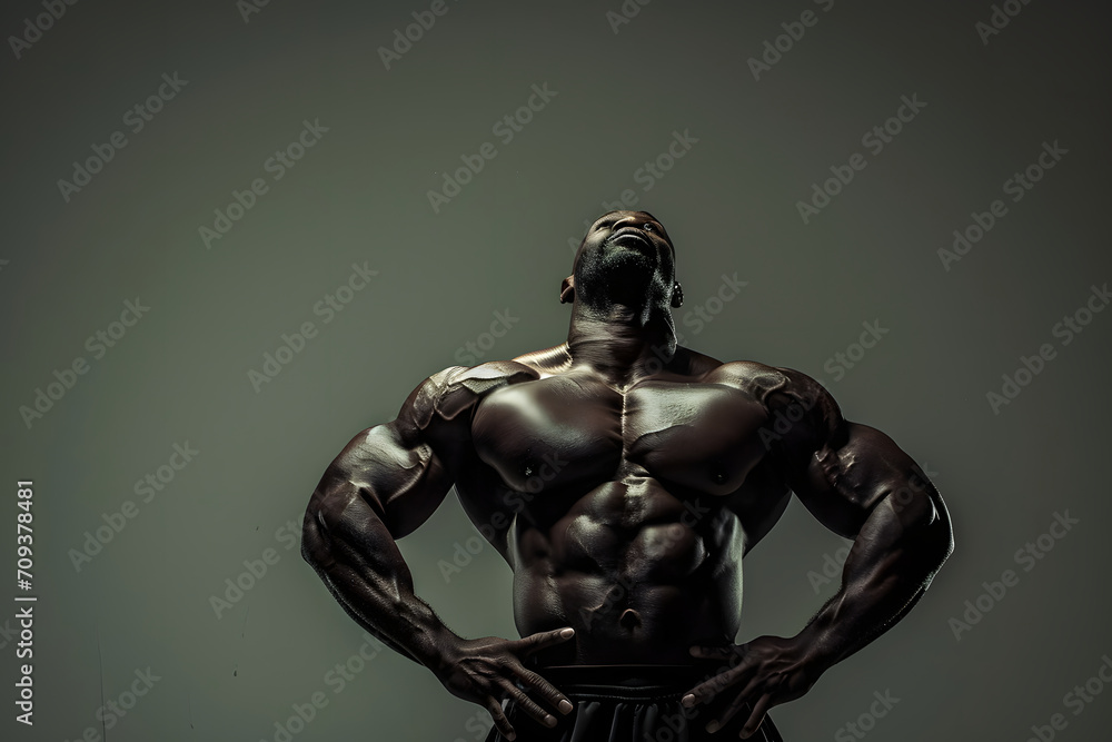 Muskulöse Eleganz: Ein Bodybuilder präsentiert stolz seinen trainierten Oberkörper vor einem neutralen Hintergrund, ein Bild von Kraft, Ästhetik und Fitnessbewusstsein