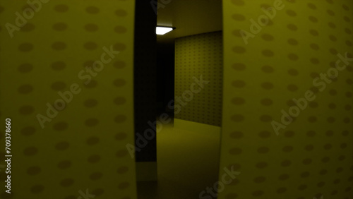 3d render with a fisheye lens of the backrooms.