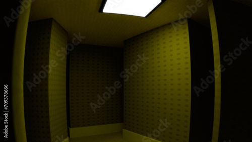 3d render with a fisheye lens of the backrooms.