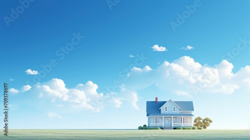 Bisnis property real estate dengan foto rumah modern minimalist, dengan latar belakang langit biru cerah, copy space background wallpaper. photo