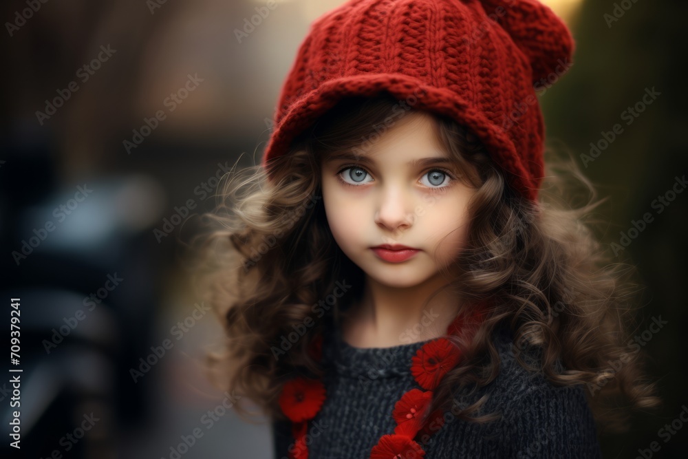 Portrait of a beautiful little girl with curly hair in a red hat. Portrait of a beautiful little girl with curly hair in a red hat.