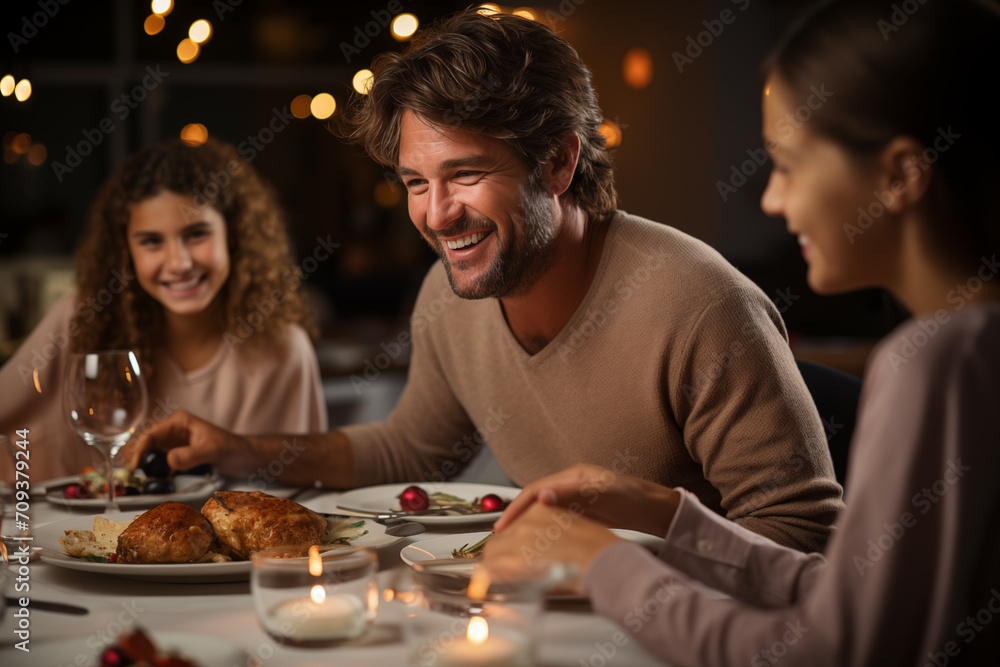 hombre sonríe en la mesa mientras cena en familia hombre sonríe en la mesa mientras cena en familia