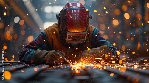 Closeup of welder at work performing industrial style welding with a torch.