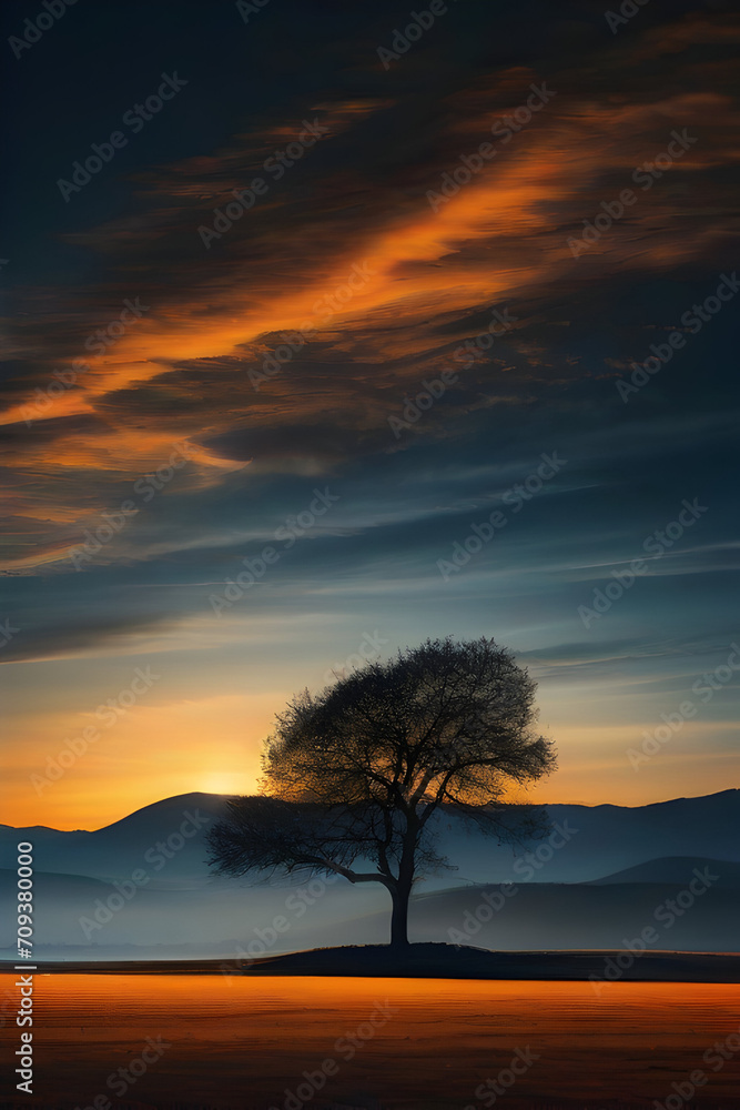 Lonely tree on the field at sunset in the mountains Lonely tree on the field at sunset in the mountains