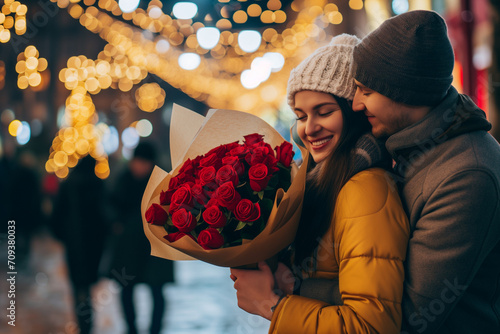 A couple is enjoying a romantic moment; the woman, wearing a white knitted hat and a yellow coat, is smiling and holding a bouquet of red roses, as the man, wearing a grey hat, embraces her from behin photo