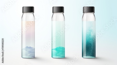 3D rendering design of transparent plastic mineral water bottle packaging, label mockup. photo