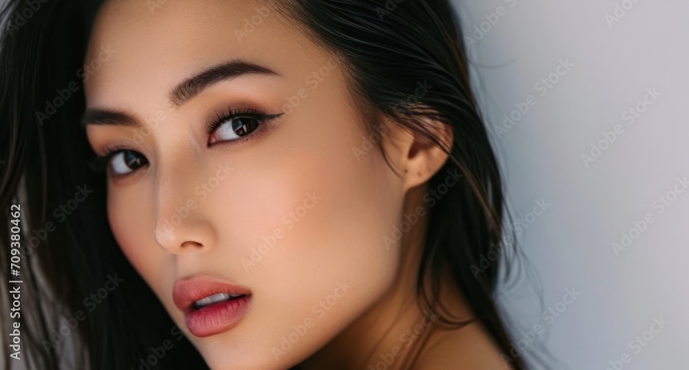 Obraz premium Asian Female Envious Beautiful Backdrop With Copy Space Generative AI