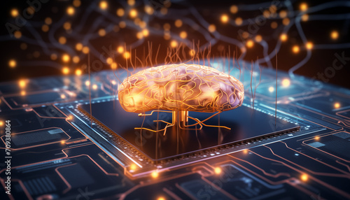 Cerebro con Inteligencia artificial, tecnología avanzada en microprocesadores.