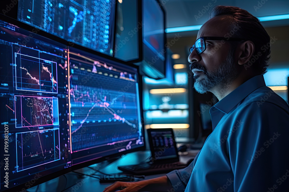A man wearing glasses looks at a computer screen with a graph on it A man wearing glasses looks at a computer screen with a graph on it