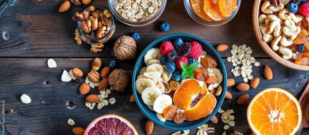 Gourmet breakfast with dried fruits and nuts on wooden table.