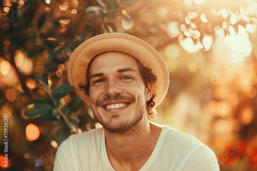Young man in summer hat enjoying golden hour