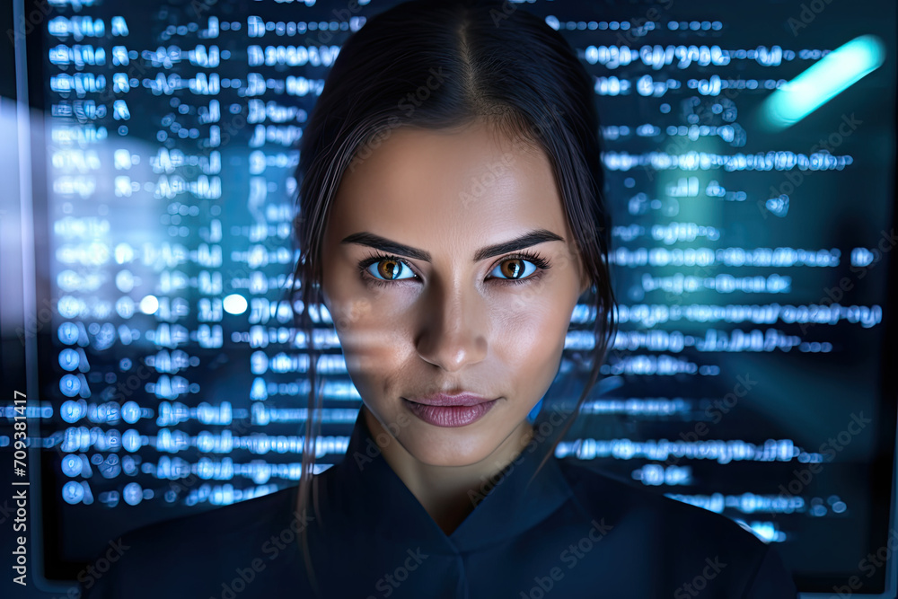 A woman stands in front of a computer screen that has a lot of numbers on it A woman stands in front of a computer screen that has a lot of numbers on it