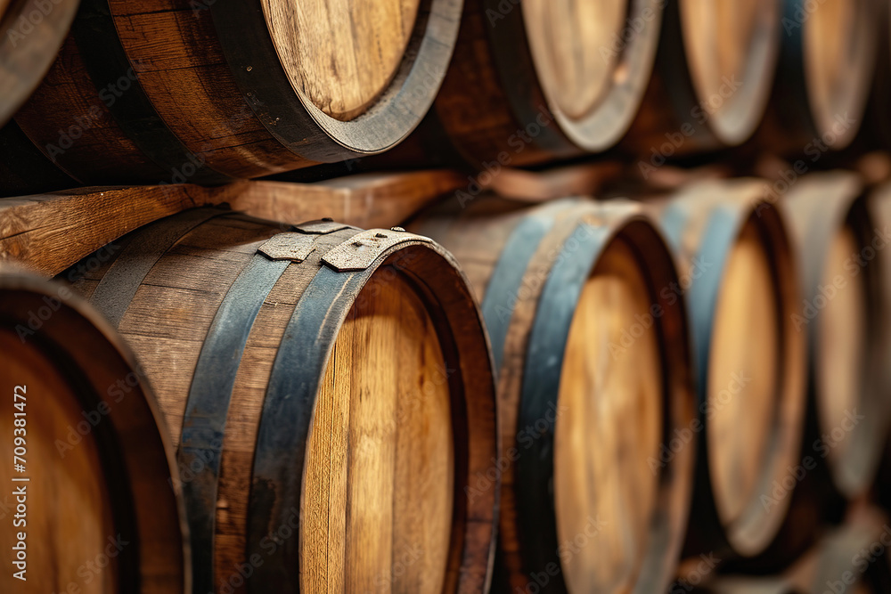 Traditional wooden barrels in vintage wine cellar