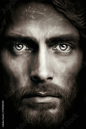 Portrait of a Jesus Christ with a beard on a black background.